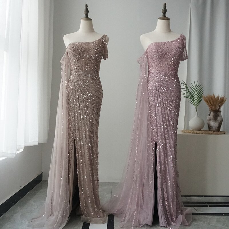 핑크 원숄더 럭셔리 인어 구슬 케이프 슬리브 이브닝 드레스, 2023 우아한 가운, 여성 파티 71589, 최고의 가격, 핫 세일