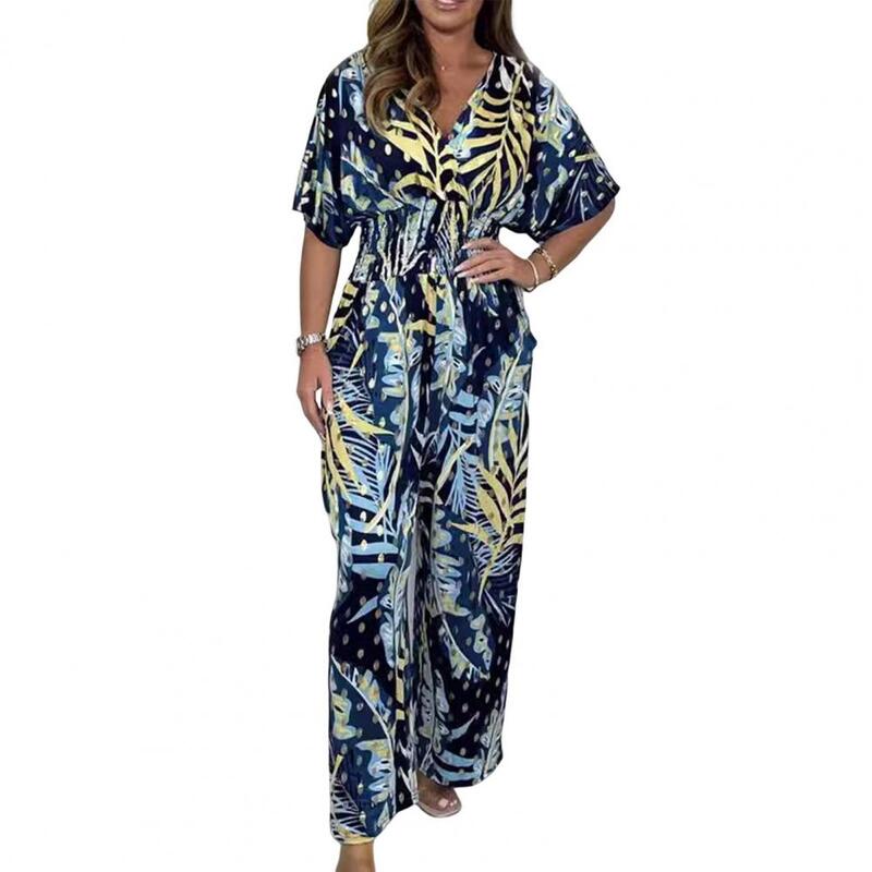 Macacão elegante com estampa floral feminino, macacão gola v, cintura alta, calça de pernas largas, roupas para viagens de verão na praia