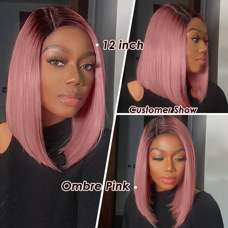 Peluca de cabello humano liso con encaje frontal para mujer, pelo corto Bob transparente, nudos blanqueados, prearrancados, color rosa