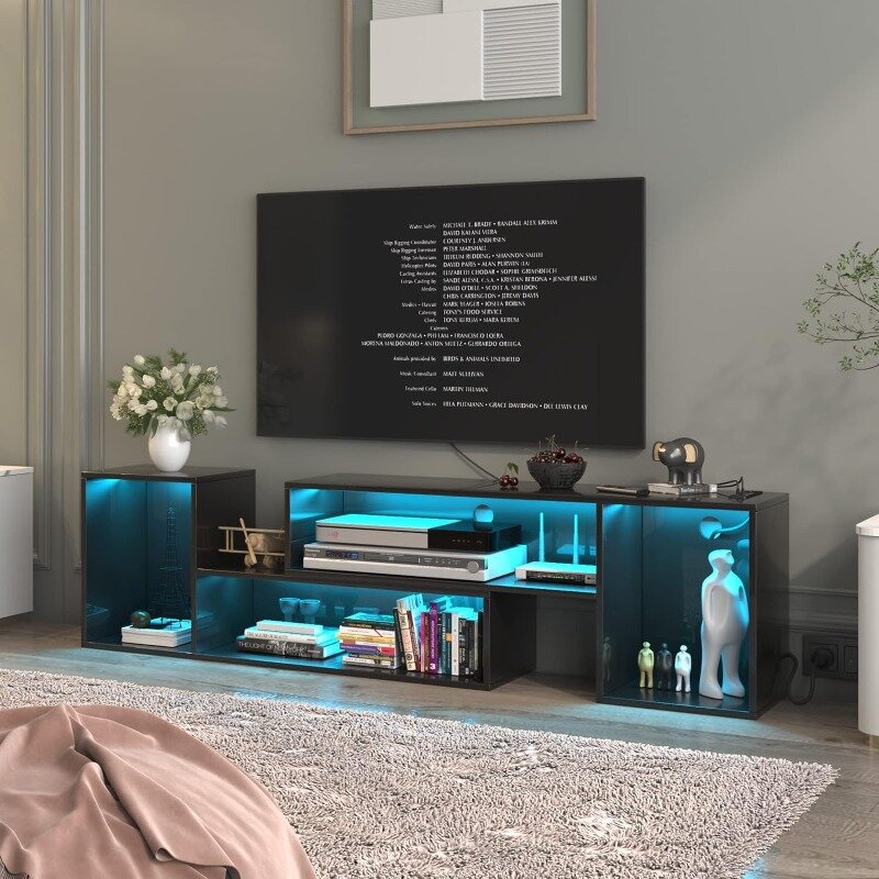 TV Stand, Deformable TV Stand with LED Lights & Power Outlets, Modern TV Stand for 45/50/55/60/65/75 Inch TVS, Gaming