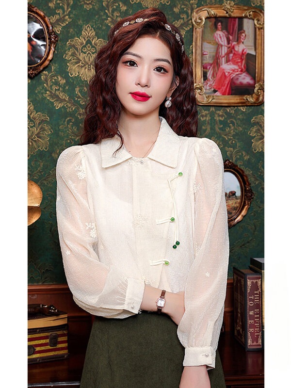 Camisa de manga comprida estilo chinês, roupa de mulher, camisa pequena, top curto de chiffon, novo