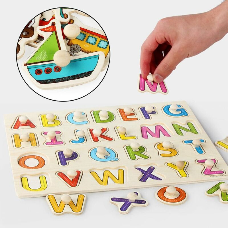 Early Educational 3D Animal Vehicle Learning Wooden Puzzle Jigsaw Alphabet Hand Grab Boards Letters Montessori Toys