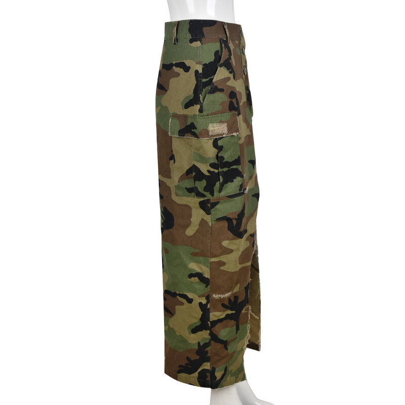 Faldas largas informales con estampado de camuflaje para mujer, faldas con abertura lateral, cintura alta, ropa de calle