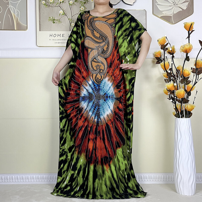 Новинка 2024, мусульманское женское платье Дашики с коротким рукавом, хлопковое свободное платье с принтом бриллиантов, кафтан, Африканское женское платье с большим шарфом