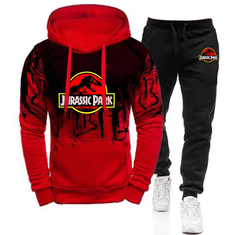 2023 baru pria Jurassic Park Fashion Gradient warna hoodie kasual nyaman katun Harajuku Tracksuit atasan Sweatpants setelan