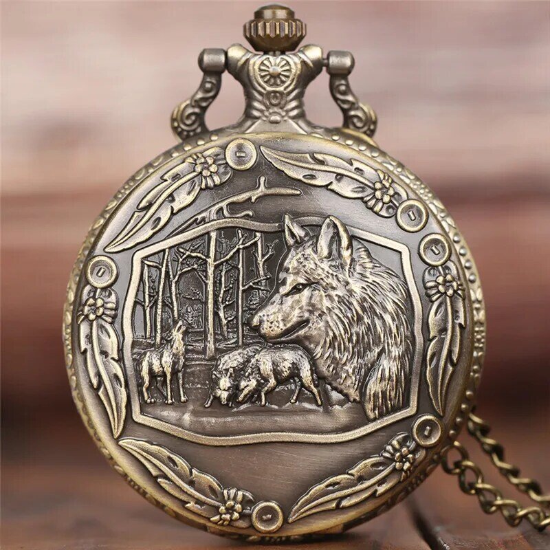 Retro gravado lobo animal design completo caçador de quartzo relógio de bolso analógico para homem mulher árabe número relógio colar corrente presente