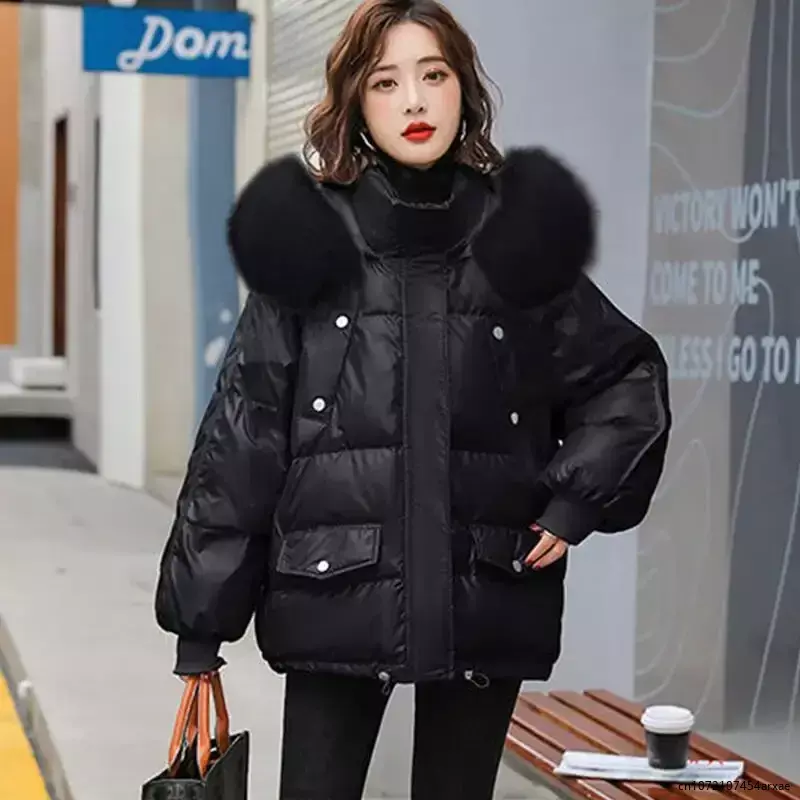 Winter Down Jacket Parkas Women Down Coat Fur Collar Hooded Fashion Sequins Jackets Female Outerwear Women's Coats Warm Silver