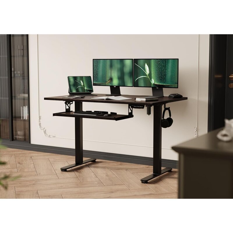 โต๊ะพับได้ไฟฟ้าโต๊ะปรับระดับได้48 × 24นิ้วพร้อมถาดรองคีย์บอร์ดโต๊ะแบบยืนขึ้นสำนักงานบ้านพร้อมกระดานทั้งชิ้น