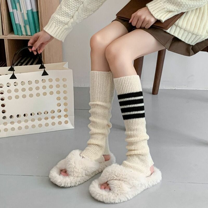 Solid Color Stripe Knitted Leg Warmers College Style Women Y2k Foot Cover Guards Socks Over Knee Long Stockings
