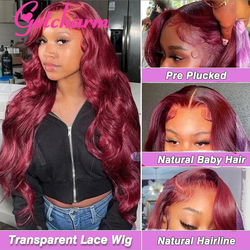 Perruque Lace Front Wig Body Wave naturelle sans colle, cheveux humains, bordeaux, rouge 99J, fermeture 5x5, 13x6 HD