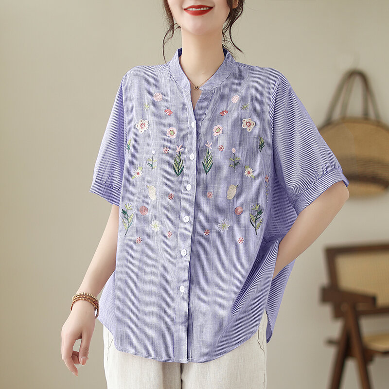 Camisa solta de linho de algodão com decote em v, manga curta, bordado vintage, blusa floral, tops casuais, verão, X1163, 2024