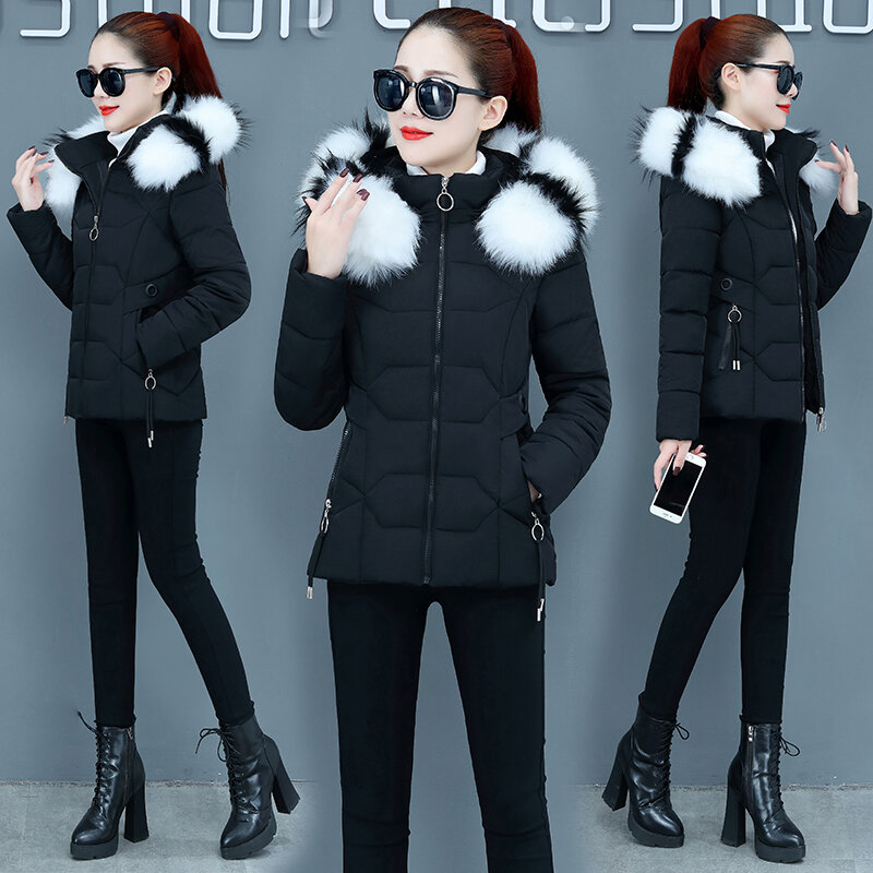 Nice Winter Jacket Womens Parkas Thicken Outerwear Solid Fur Collar Hooded Coats Short Female Slim Cotton Padded H61