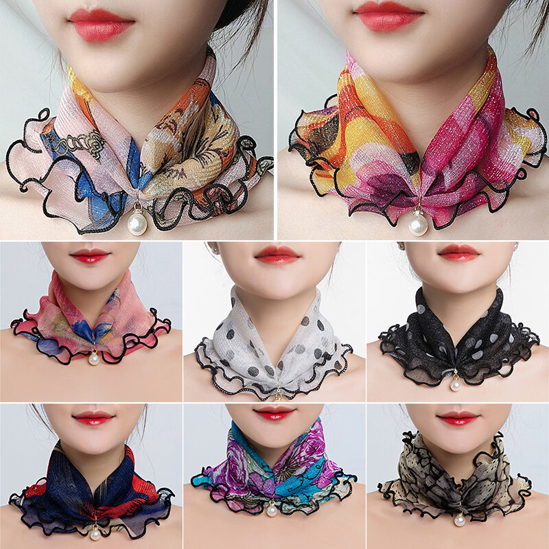 Pearl Pendant Ruffle Neck Collar Scarf Shiny Organza Mesh Ruffle Scarf Floral Print Chiffon Scarves Bandana Fashion Headbands