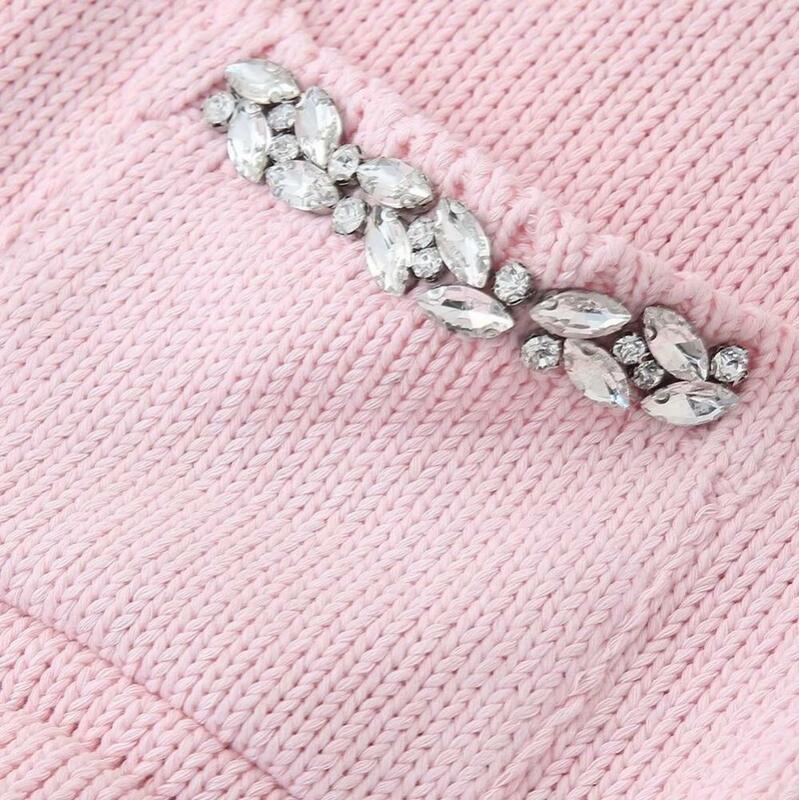 Cárdigan de cuello redondo rosa dulce, suéter informal de una sola botonadura, suéteres de manga corta con diamantes falsos para uso diario