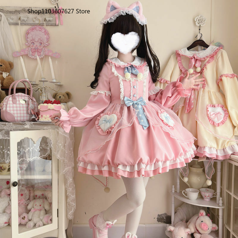 Kawaii Lolita OP sukienka damska słodka kokarowe falbany kreskówka króliczek z długim rękawem Mini sukienki japońskie dziewczyny gotycka sukienka księżniczki