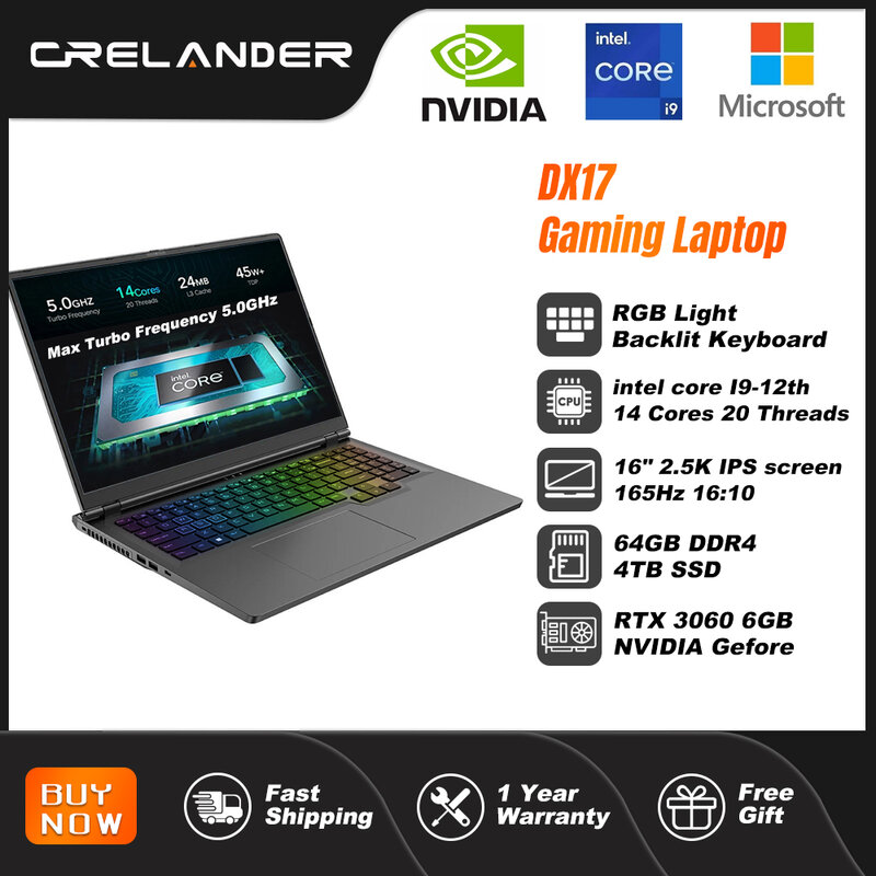 CRELANDER Laptop gracz 16 Cal Intel Core i9 procesor 2.5k IPS ekran 165Hz RTX 3060 6G 4TB SSD Notebook Laptop do gier