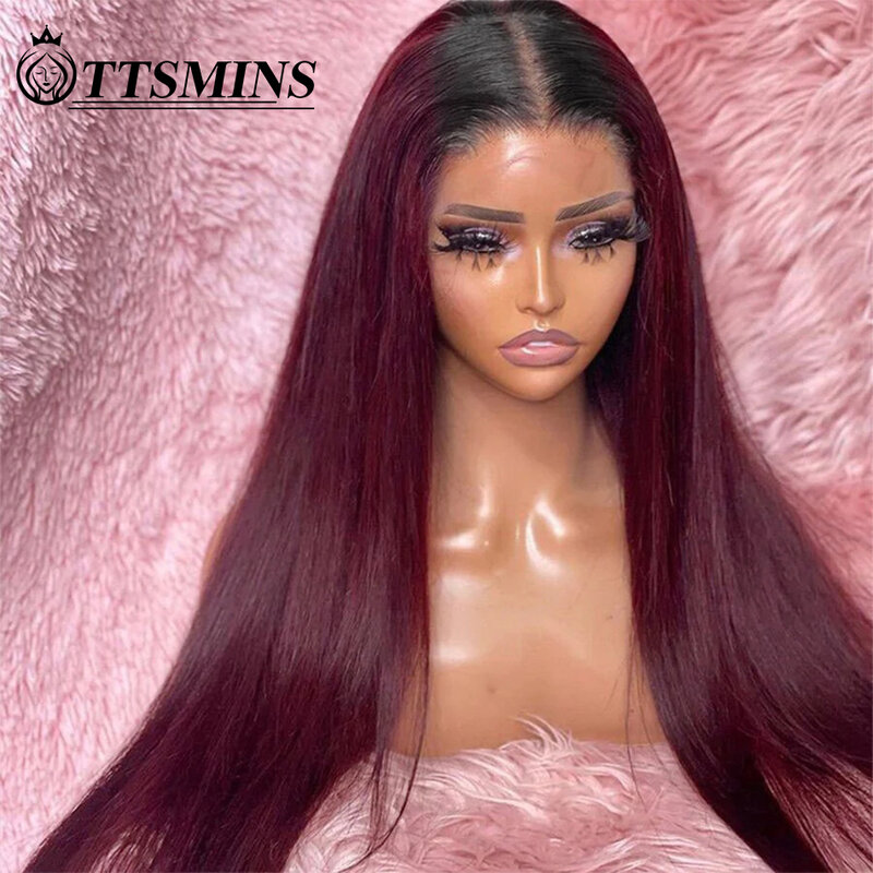 1B/99J 13x4 Lace Front Human Hair Silky Straight Wig Ombre Wine Red Frontal Wigs For Women PrePlucked 180% Density Glueless Wigs