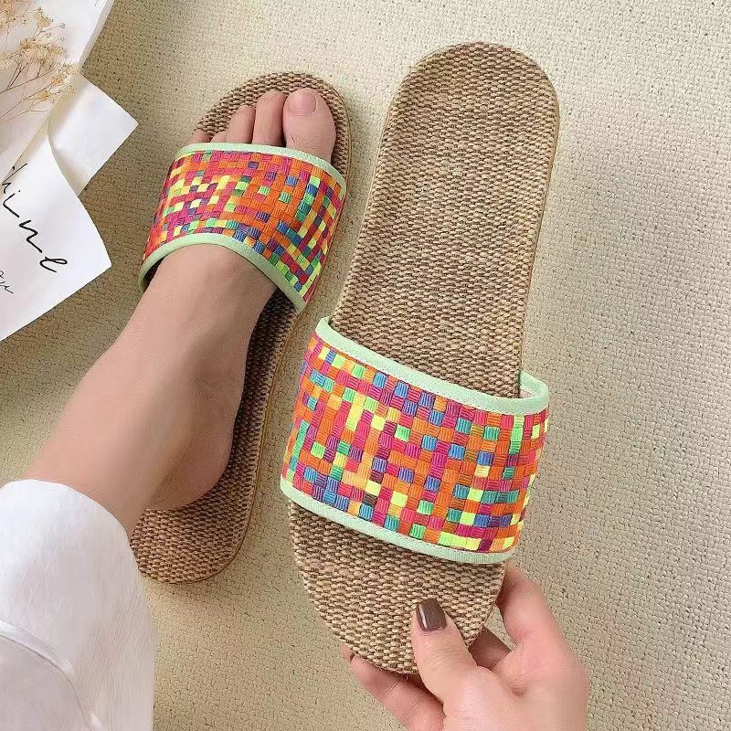 New Women's Summer One Word Linen Slippers Soft Sole Non Slip Breathable Light Home Slippers Free Shipping Silent Slippers