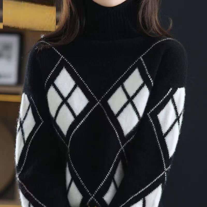 Sweter rajut kotak-kotak wanita, atasan Pullover rajut hangat mode kasual longgar tambal sulam kotak-kotak kerah tinggi musim gugur musim dingin