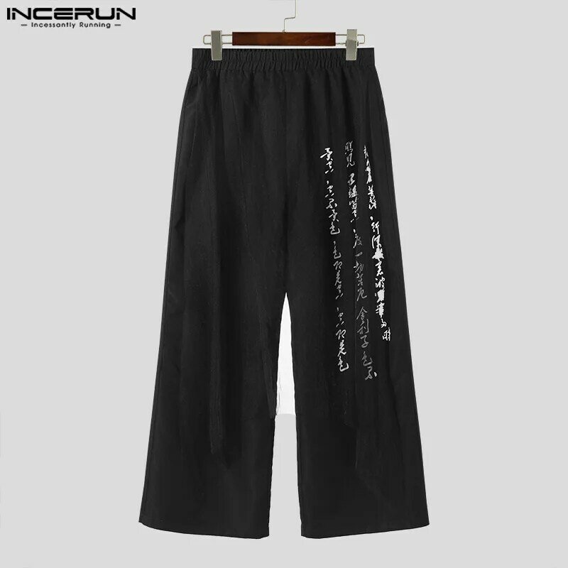 INCERUN S-5XL celana panjang kaki lebar pria, pakaian jalanan kasual desain jala pantalon gaya Korea 2024