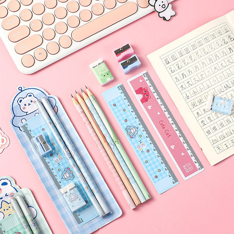 5Pcs Cute Cartoon Pencil Set Sharpener Eraser Ruler Set Gift for Kids School Office Writing Supplies Stationery