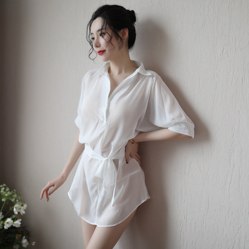 Novo Verão Sexy Lingerie Mulheres See-through Chiffon Camisa Pijama Home Wear