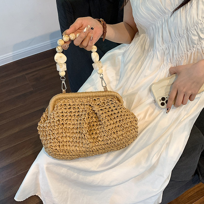 女性のための手織りのストローショルダーバッグ,カジュアルなハンドバッグ,ボヘミアンスタイル,夏のラグジュアリー