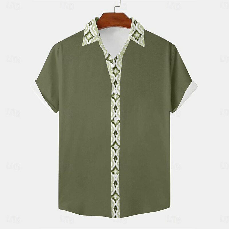 Camisa tribal geométrica estampada masculina, manga curta, lapela, elegante, macia, com design de botões, trabalho de rua, verão