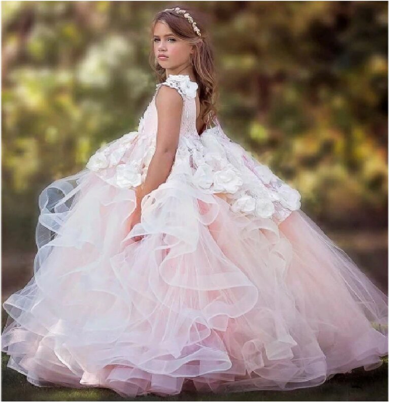 Sukienki dla dziewczynek kwiatowa księżniczki tiulowa elegancka puszysta koronkowa aplikacja kaskadowa suknia urodzinowa dla dzieci pierwsza komunia chrzest