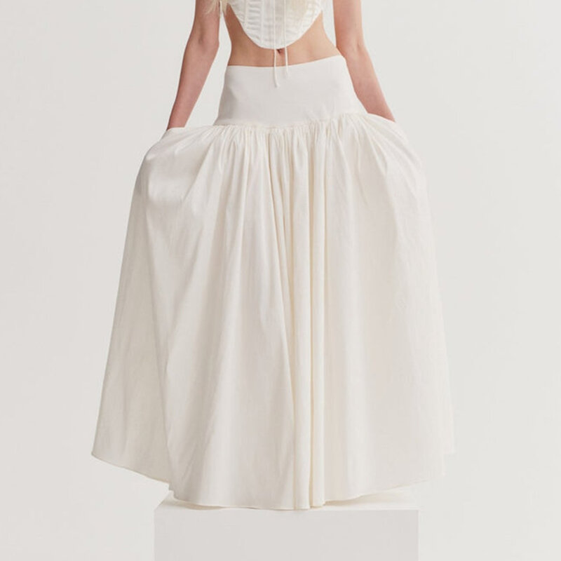 Falda larga con cintura elástica para mujer, prenda holgada informal de Color liso con detalle fruncido, para primavera y verano