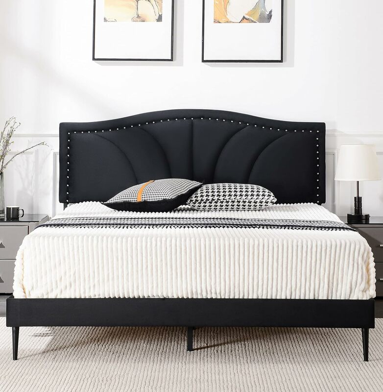 Queen Size Bed Frame Velvet Upholstered Platform with Decorative Line & Nailhead Trim Headboard with Strong Wooded Slat,No Box