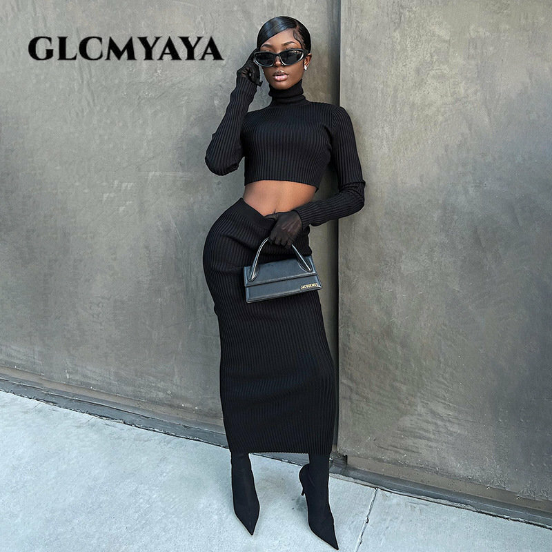 GLCMYAYA Knit Ribbed Women Vintage Bodycon Midi Maxi Long Skirt Suit Long Sleeve Sweater Black 2023 INS Two 2 Piece Set Outfits