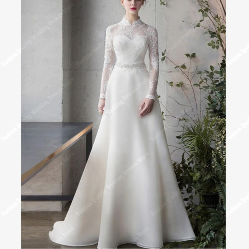 우아한 흰색 귀족 웨딩 드레스, 전체 소매 레이스 아플리케 A 라인 신부 가운, 맞춤 제작 클래식 단추