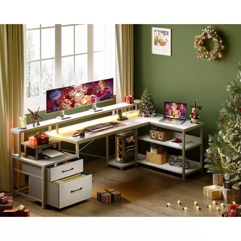 L geformter Schreibtisch mit Akten schublade, 75 "reversibler l-förmiger Computer tisch mit Steckdose und LED-Streifen, Home-Office-Schreibtisch
