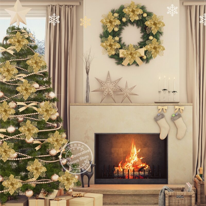 Artificial Glitter Flores para Árvore De Natal, Flores Falsificadas, Enfeites De Natal, Decorações De Casa, Decoração De Ano Novo, 9-16cm, 5Pcs