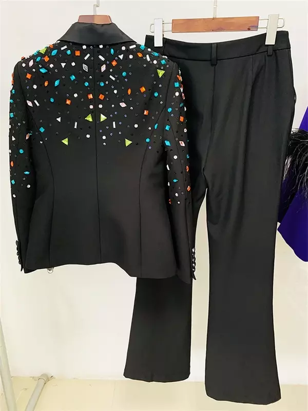Женский офисный костюм, черная Роскошная куртка с кристаллами и брюки, комплект из двух предметов, Женская Весенняя офисная одежда для работы, пальто и платье для выпускного вечера
