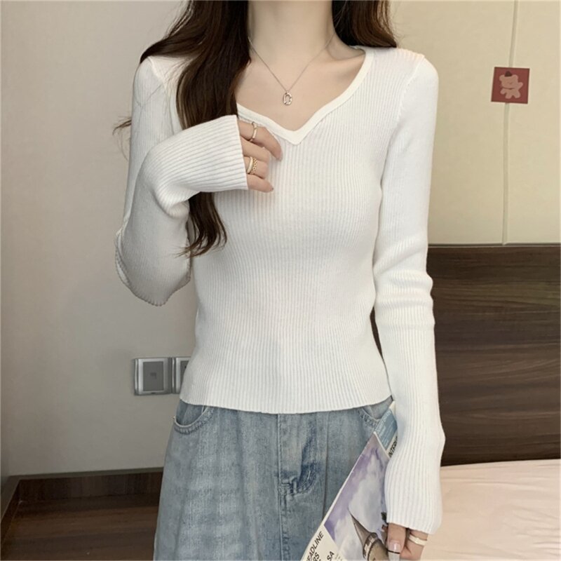 Women Winter Skinny Sweater Solid Color Knitted V-Neck Bottoming Shirts Autumn Casual Long Sleeve Stretchy Bodycon Undershirt