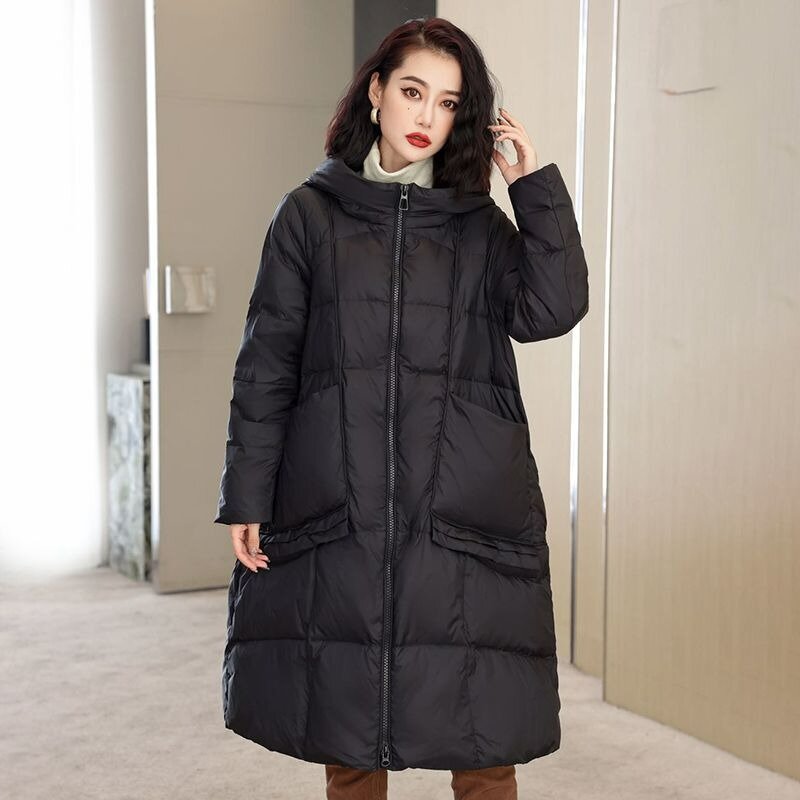 Chaqueta de plumón para mujer, abrigo de longitud media, Parkas holgadas gruesas de talla grande con capucha, abrigo ajustado para invierno, novedad de 2023