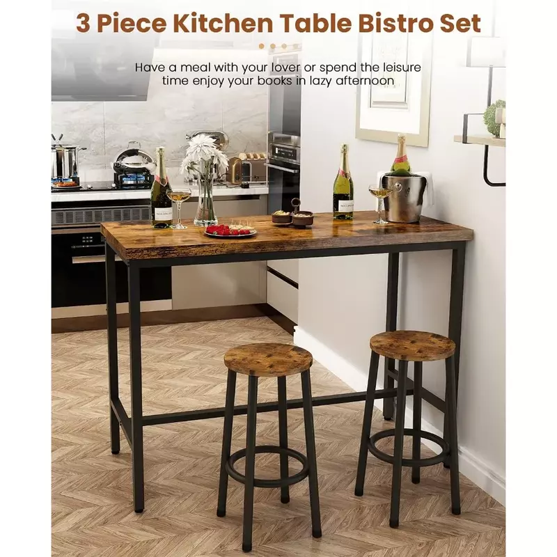 Bar Table 3 Piece Bar Cutlery Set, Modern Bar Counter & Stool 2 Person Kitchen Counter Height Wooden Top Bistro, Rustic Brown