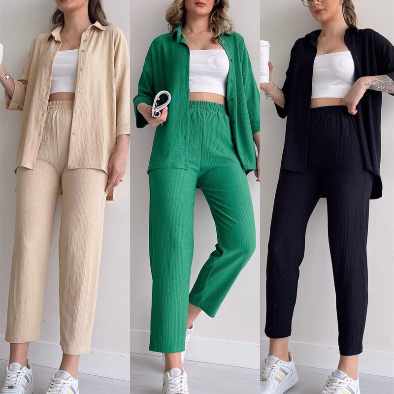 Large Size 2 Piece Sets Womens Outfits Casual Turn Down Collar Button Blouse Elastic-waisted High-waisted Wide-leg Pants Sets