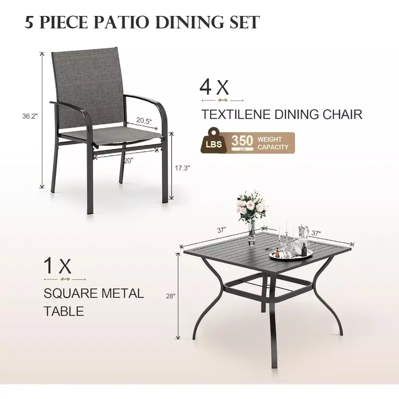 Stolik na zewnątrz i zestaw mebli z krzesłami, 4 X Grey Textilene krzesło do jadalni, 37-calowy metalowy stół kwadratowy, stolik na zewnątrz i zestaw mebli z krzesłami
