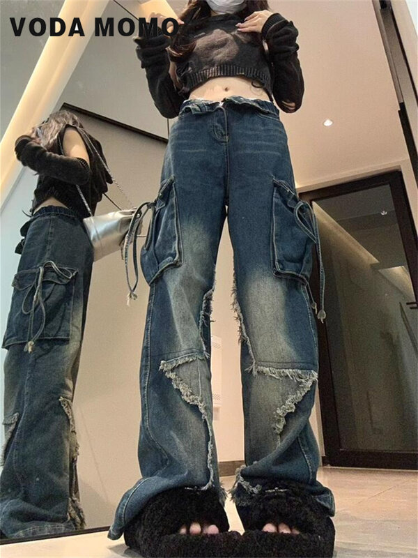 Vielseitige grundlegende Damen Gothic Mode Baggy Jeans personal isierte Harajuku Y2k ästhetische Jeans hose Vintage Hip Hop Stil
