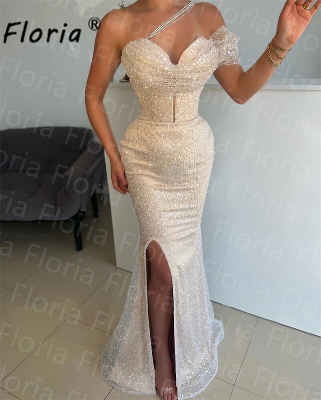 New Sequin Beaded Formal Evening Dress Champagne Halter Slit One Shoulder Prom Dresses Custom Made Wedding Party Gown Elegant
