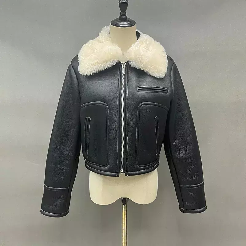 여성용 2023 시어링 가죽 재킷, 진짜 양모 양털 코트, 겨울 모토 바이커 재킷, 여성 패션