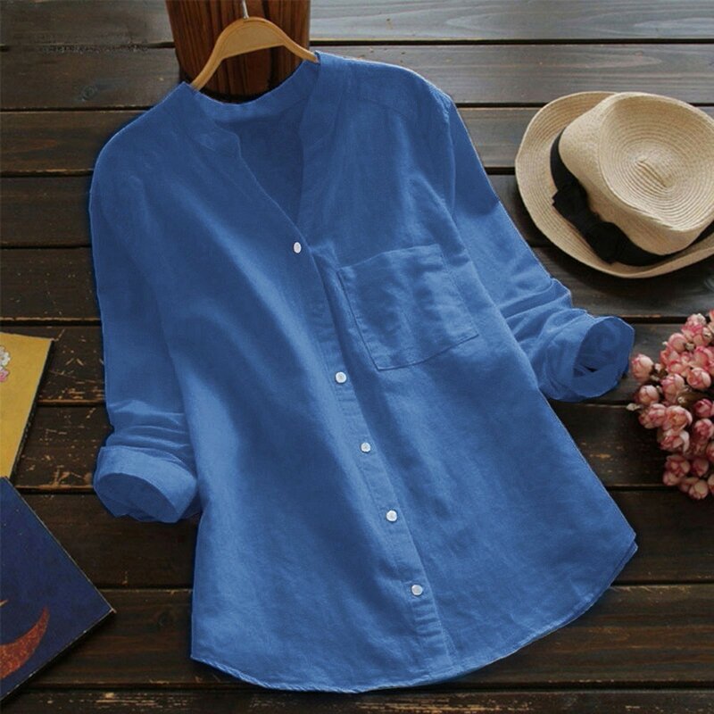 Blusa de lino y algodón para mujer, camisa de manga larga con botones, Color liso, para oficina, 2024