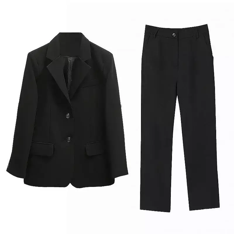Dopasowany zestaw biznesowy dla kobiet Wiosna Jesień Biuro Lady Luźne marynarki Spodnie Dwuczęściowe zestawy Czarny płaszcz Spodnie Stroje damskie
