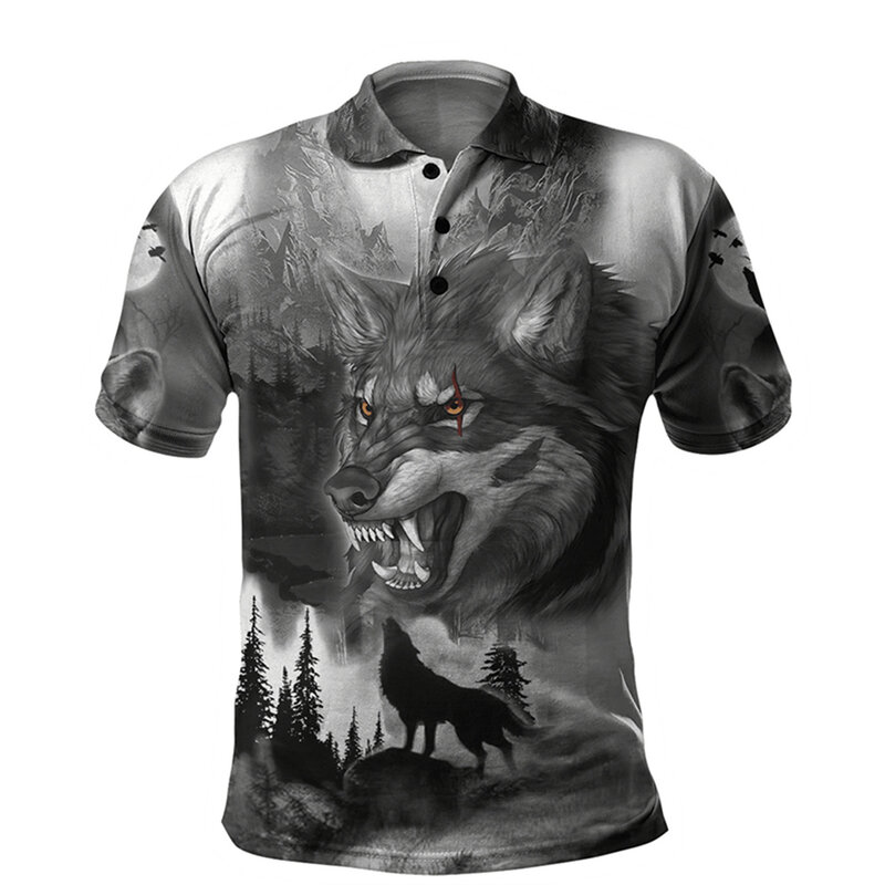 3D 프린트 늑대 그래픽 남성용 폴로 셔츠, 여름 반팔 상의, 캐주얼 오버사이즈 티셔츠, 야외 패션