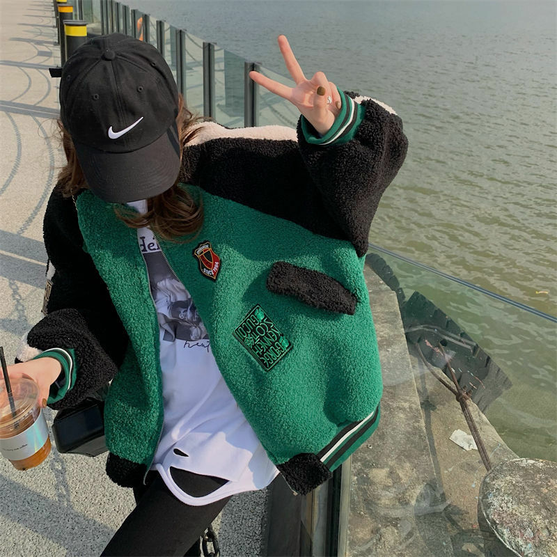 Deeptown Vintage Korean Style Women Baseball Jackets Oversized Streetwear Y2k Hip Hop Female Zip Up Bomber Jacket Kpop Green Top