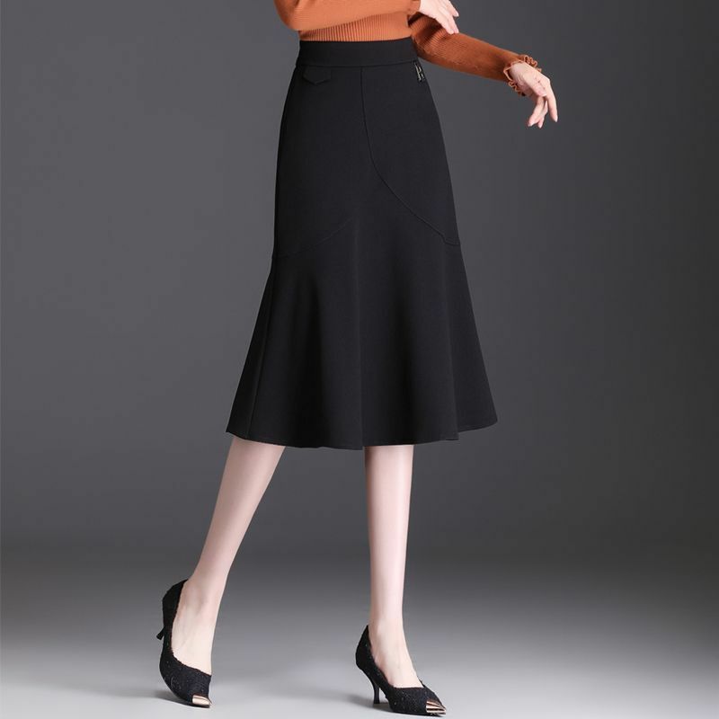 Rok Fishtail pinggang tinggi wanita, Rok setengah langkah bungkus pinggul serbaguna elastis tambal sulam sederhana Mode Korea Solid