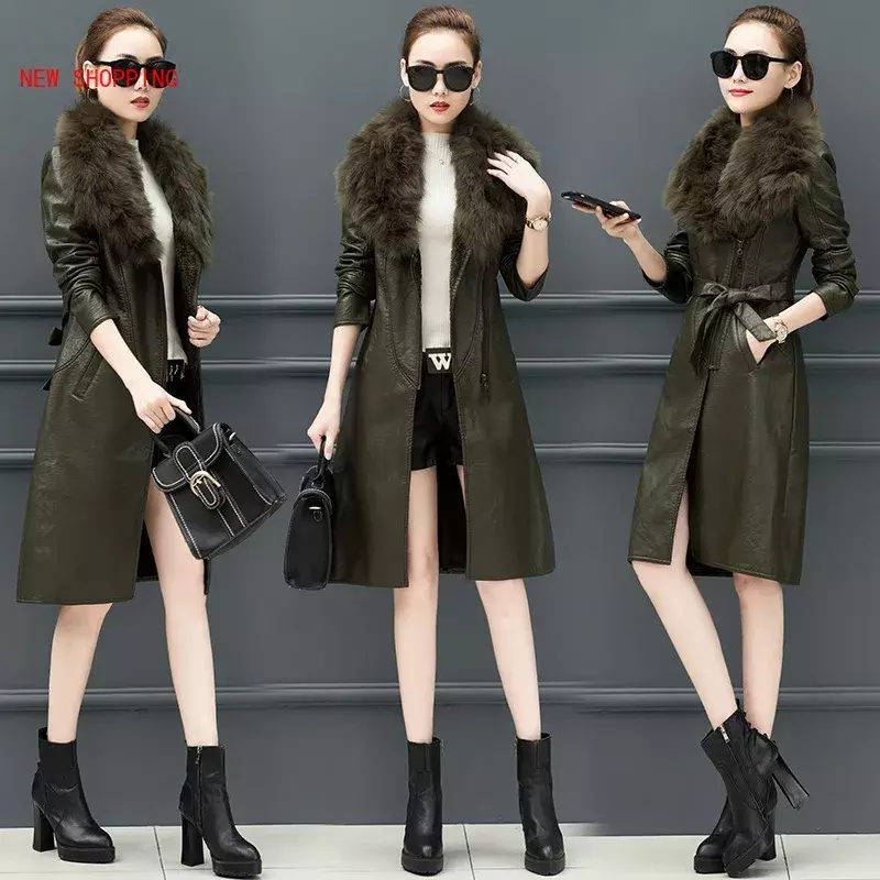 Winter PU Leather Faux Fur Women Long Coat Belt Casual Plus Size 5XL Slim Coat Black Faux Fur Collar Jacket Coat Warm Velvet